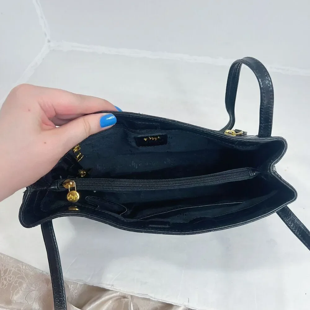 Vintage Monsac Black Crocodile Embossed Leather Shoulder Bag Purse - Picture 5 of 10